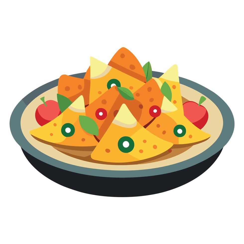 A plate of freshly-made nachos. with a variety of toppings and a generous helping of melted cheese vector