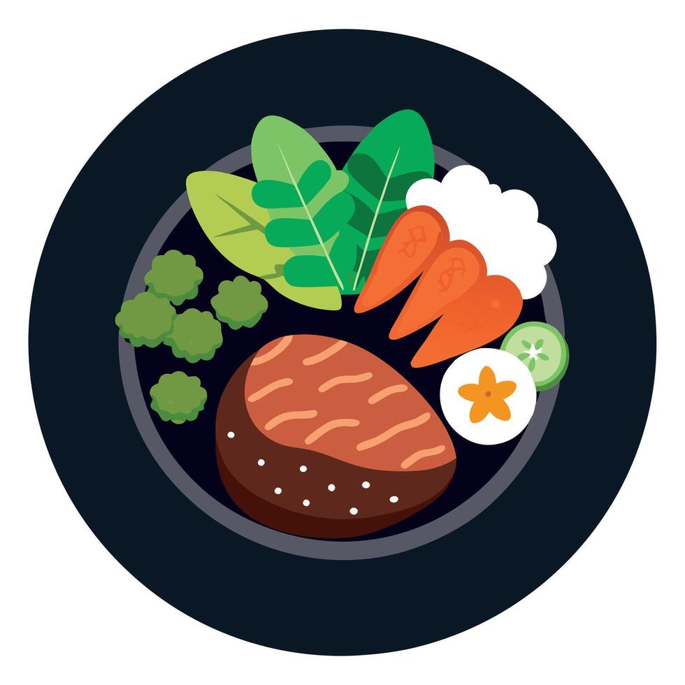 Beef steak. rice and vegetable power bowl. Healthy balanced food concept. On a dark background. top vector