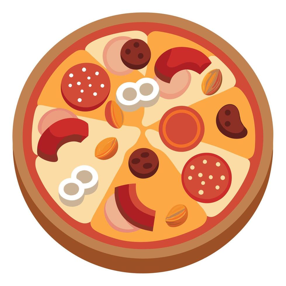 A meat lovers pizza loaded with pepperoni. sausage. ham. bacon. and ground beef. on a baking tray. vector