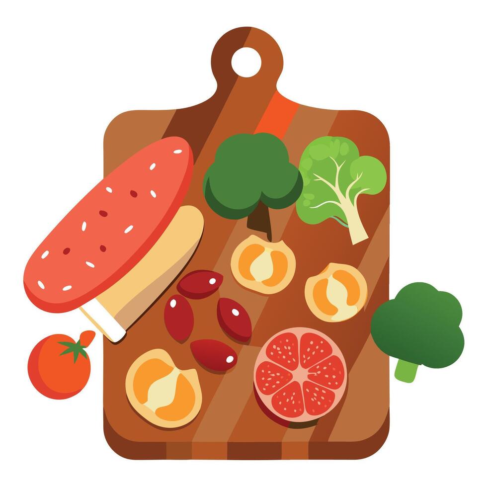 A wooden board with a variety of meats and vegetables. including pepperoni. salami. and broccoli vector