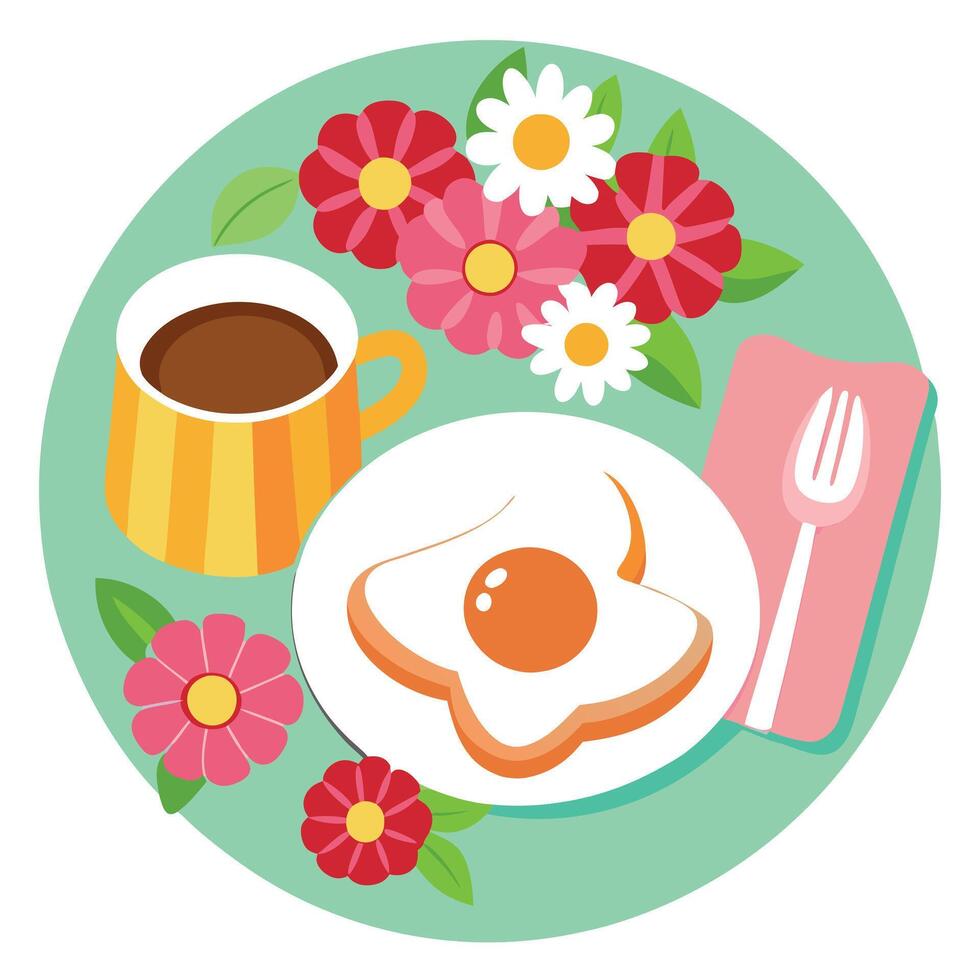A breakfast plate with a fried egg. bacon. and toast on a floral tablecloth with flowers and tea. vector