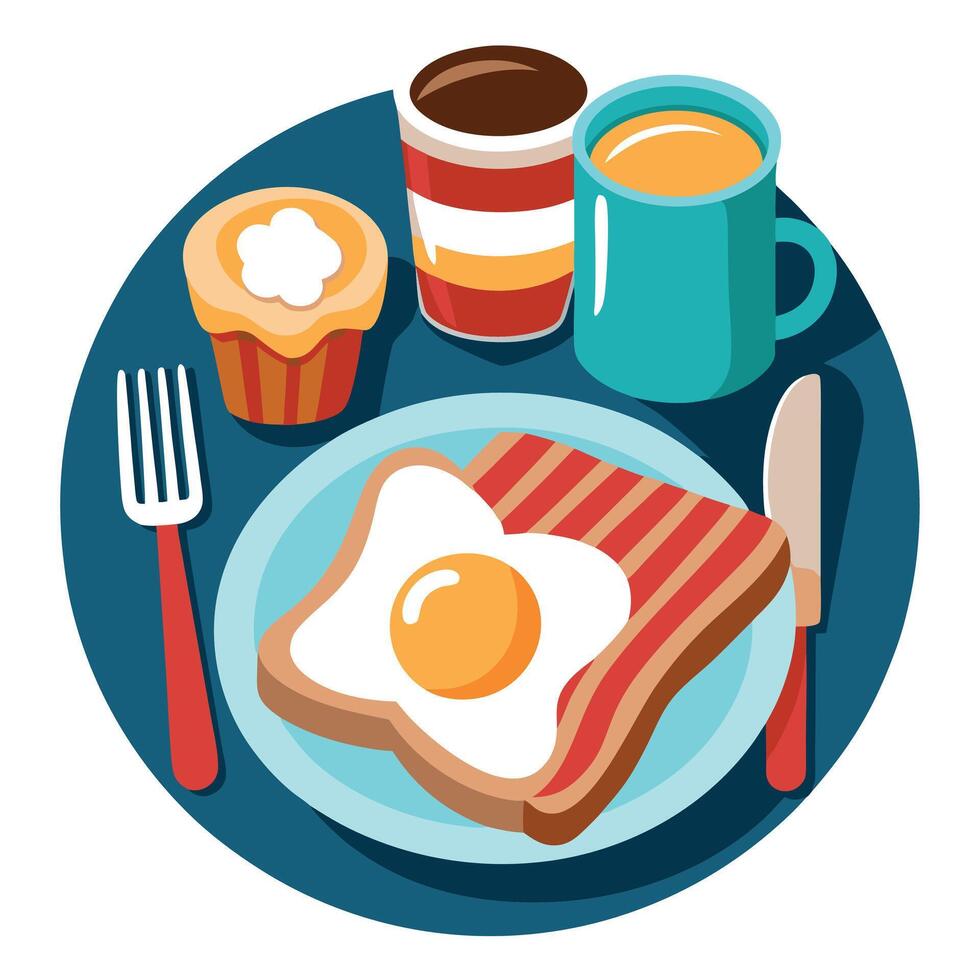 Experience the Classic American Breakfast with Toast. Fried Egg. Bacon and Fresh Hot Drink on the Pl vector