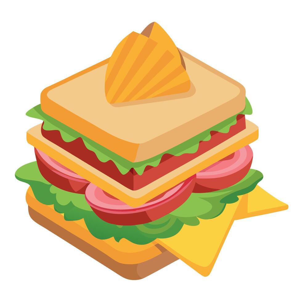 Close-up of a classic club sandwich with turkey. bacon. lettuce. and tomato. served with a side of c vector