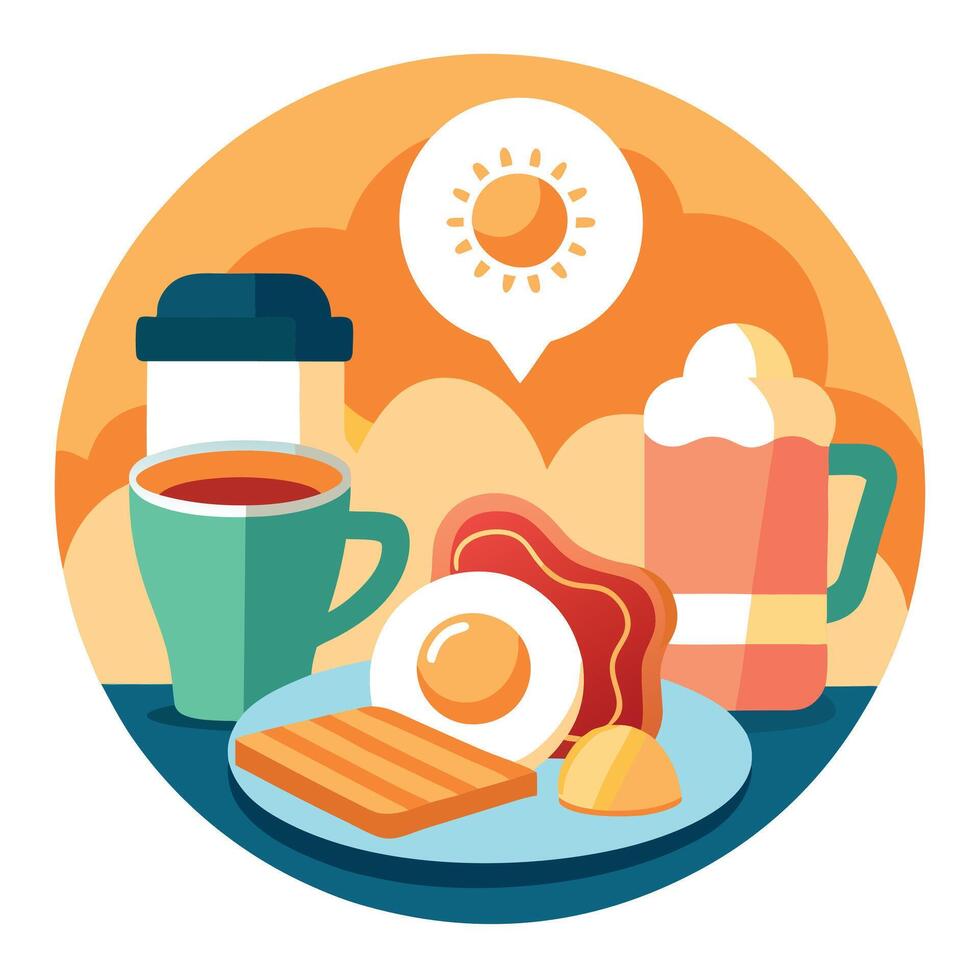 A cozy breakfast scene with eggs. bacon. toast. pastries. and coffee. captured in morning sunlight. vector