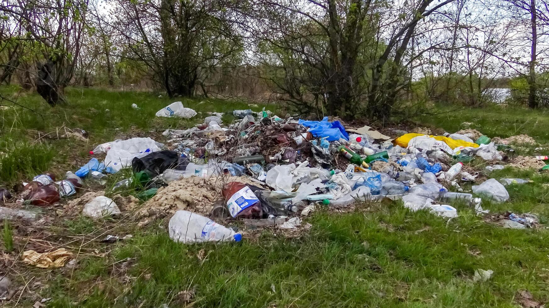 Plastic, polyethylene and glass trash in the wild, environmental pollution photo