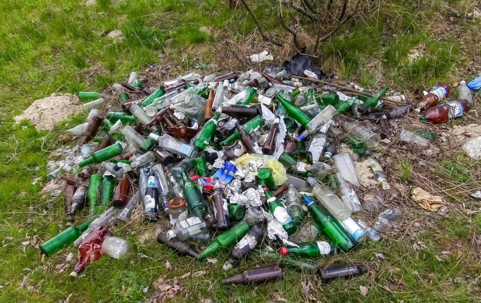 Plastic, polyethylene and glass trash in the wild, environmental pollution photo