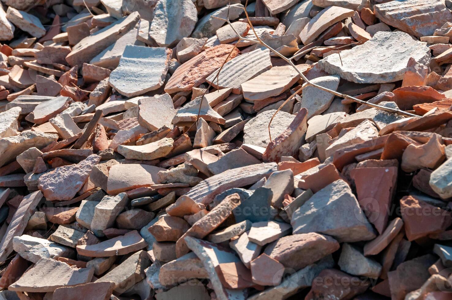 Pottery shards from excavations of an ancient city, archaeological site photo