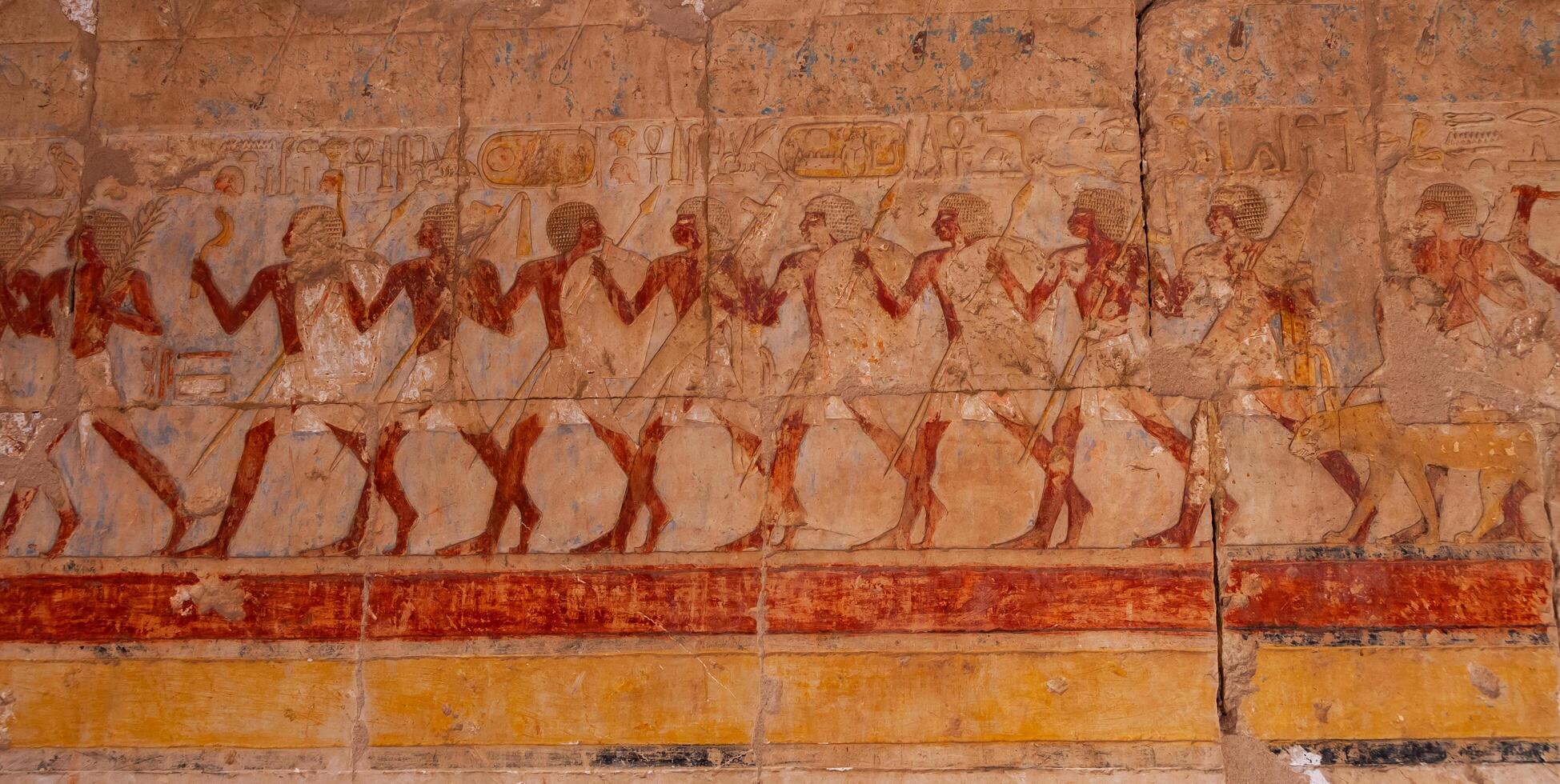 EGYPT, LUXOR - MARCH 01, 2019 archaeological site, drawings and geoglyphs on the walls of an ancient temple, the temple of Hatshepsut near Luxor in Egypt photo