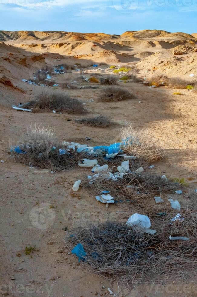 Plastic bottles and various garbage from hotels in the wild, Garbage dump in the desert in Egypt photo