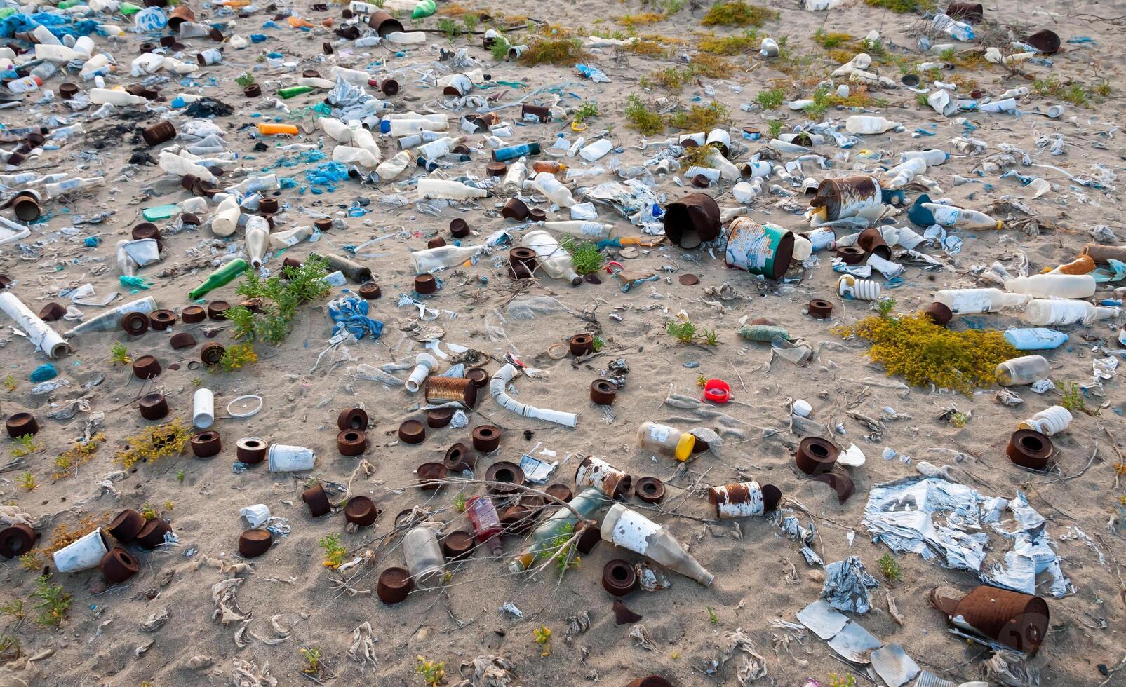 Plastic bottles and various garbage from hotels in the wild, Garbage dump in the desert in Egypt photo