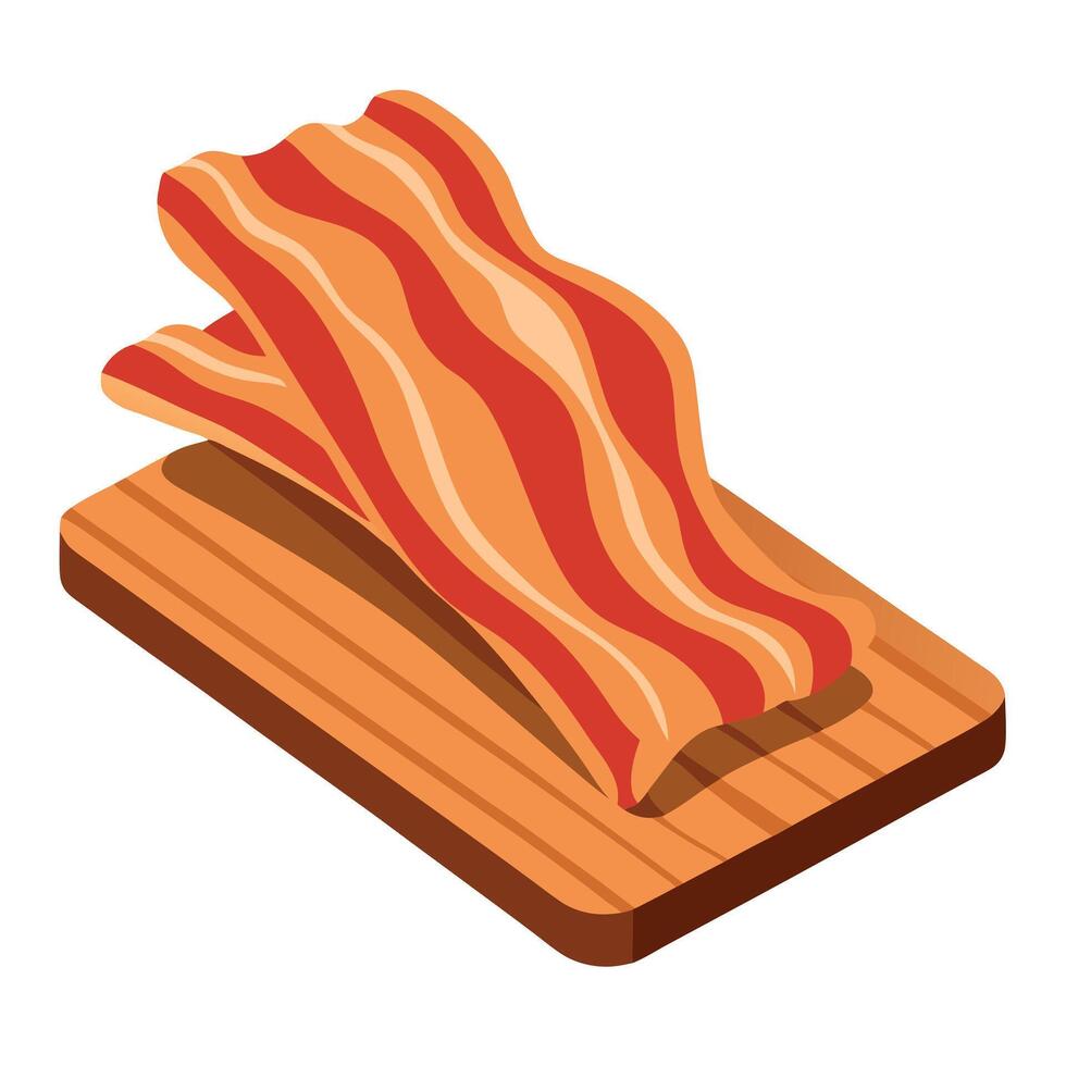 Close-up of crispy. glistening bacon strips on a wooden board. showcasing their rich color and textu vector
