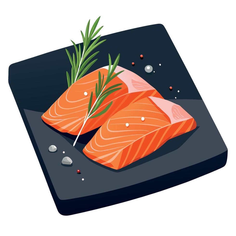 Two salmon fillets. raw. on a black slate cutting board Topped with rosemary sprigs and a dusting of vector