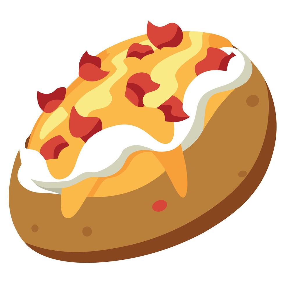 A loaded baked potato with sour cream. chives. bacon bits. and melted cheese. on a solid grey backgr vector