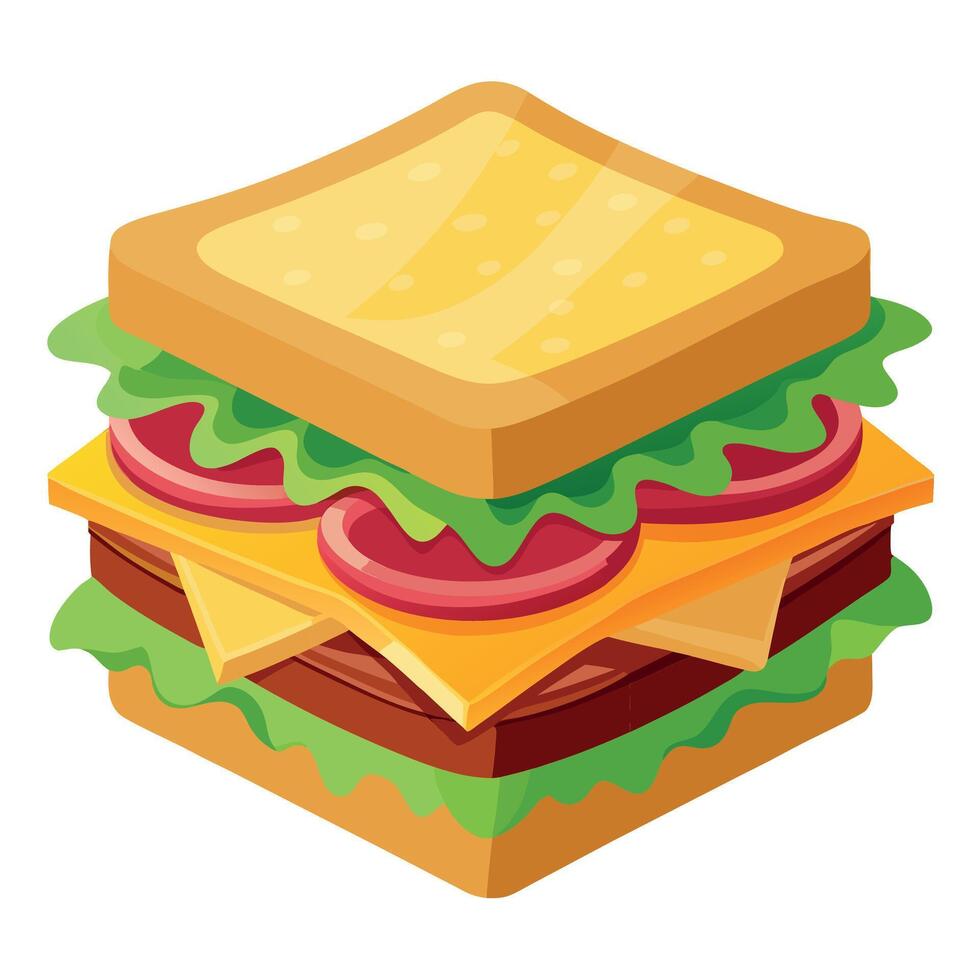 Delicious layered sandwich featuring crispy bacon. melted cheese. and fresh vegetables on toasted br vector