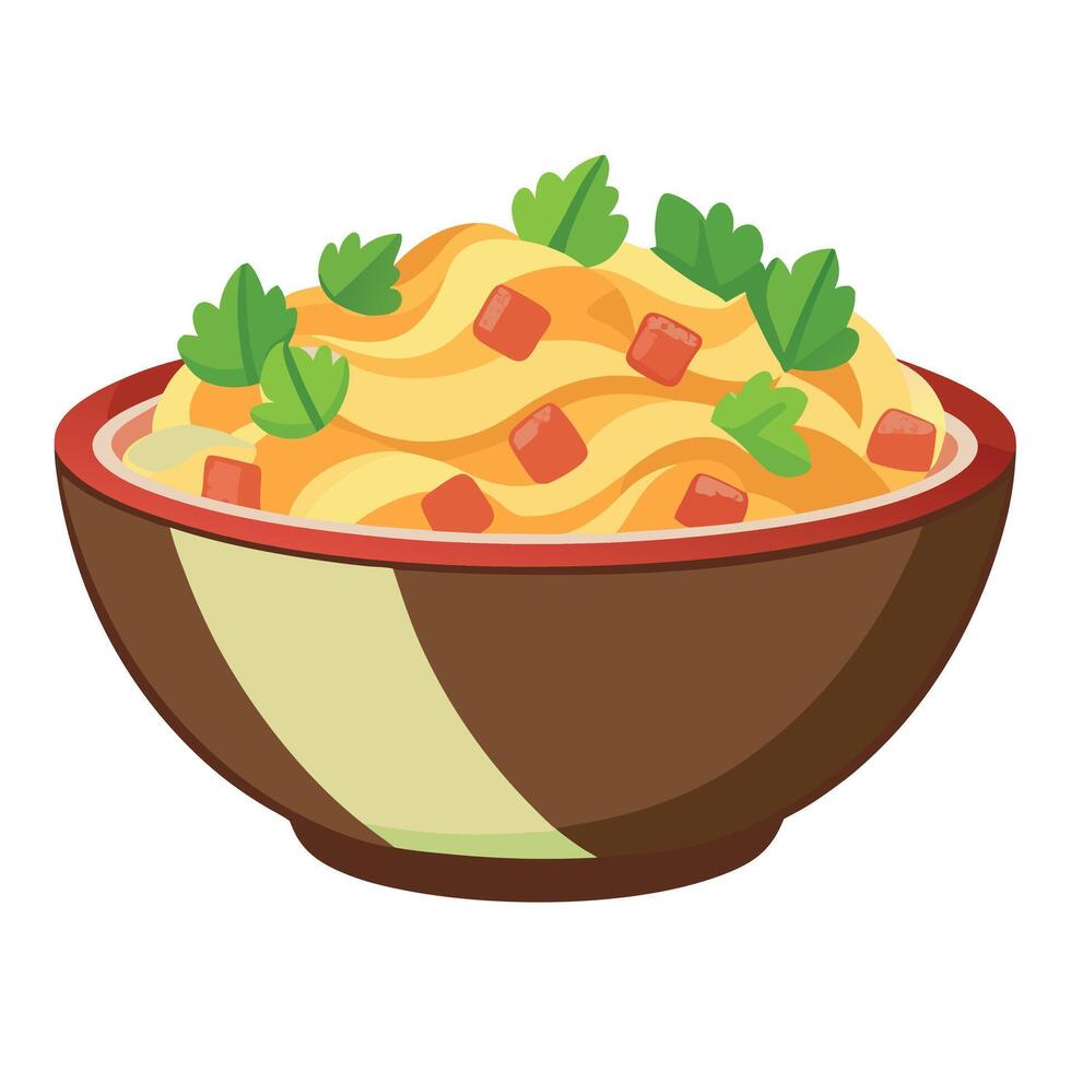 A closeup view of a bowl filled with a traditional German potato salad. featuring crispy bacon and f vector
