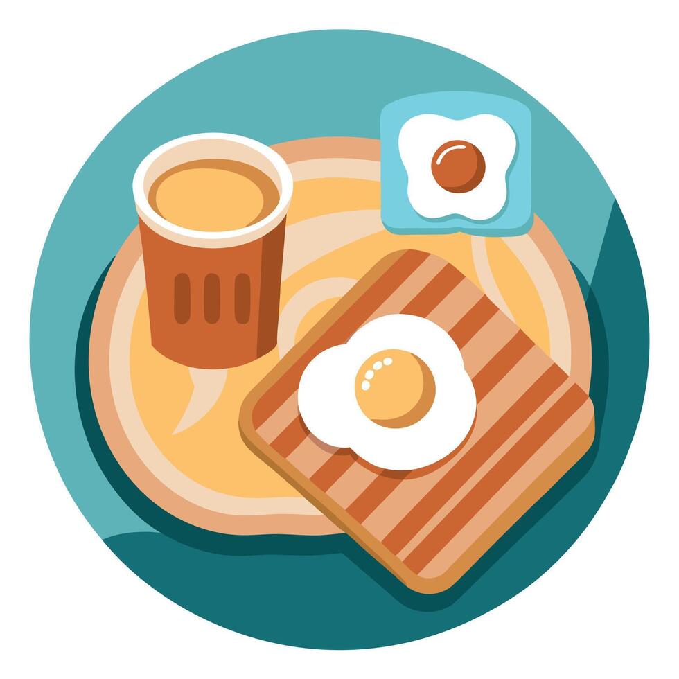 A plate of breakfast food with bacon. eggs. and toast. The plate is on a wooden table. Breakfast con vector