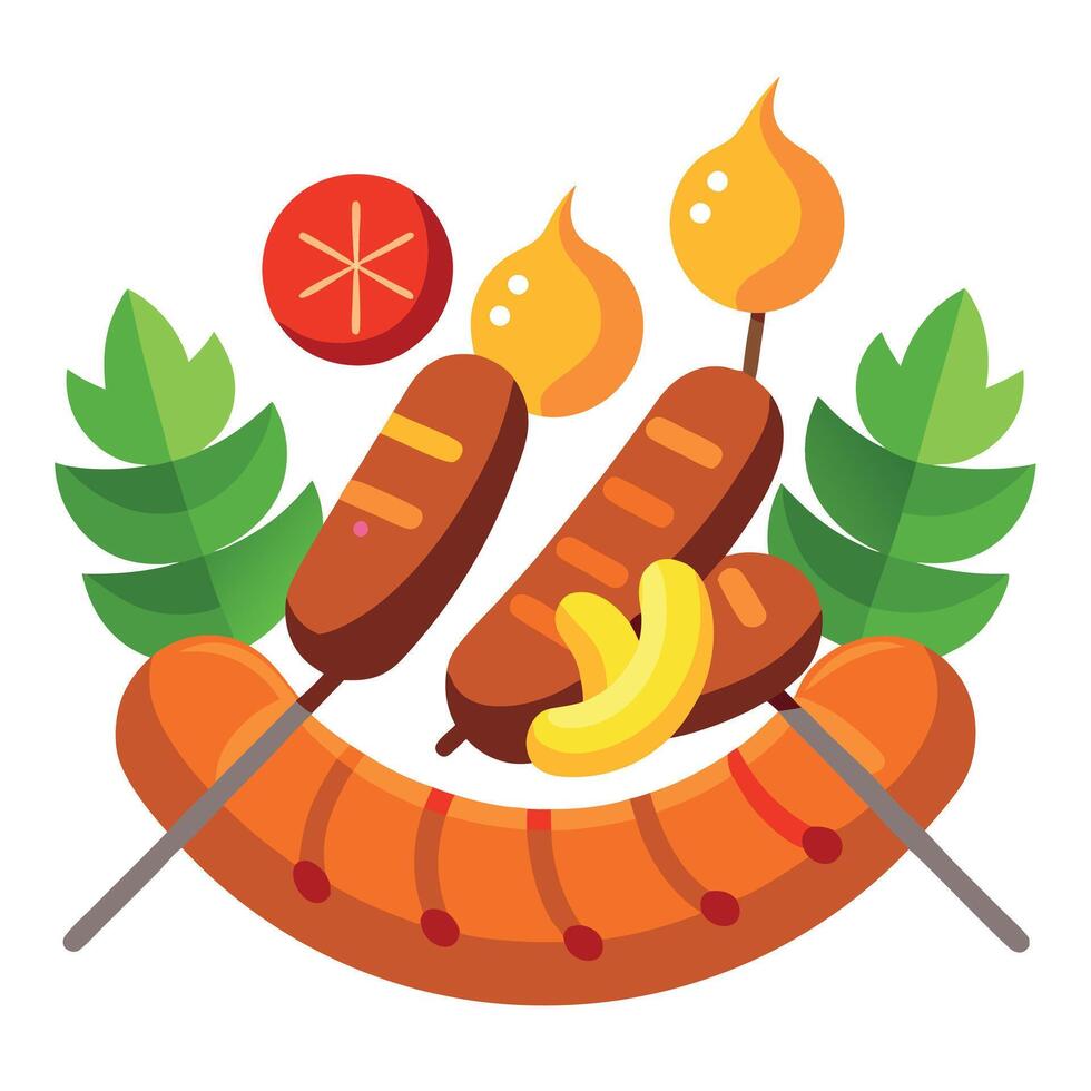 A scrumptious grilled feast featuring two sizzling sausages and a colorful skewer with succulent pie vector