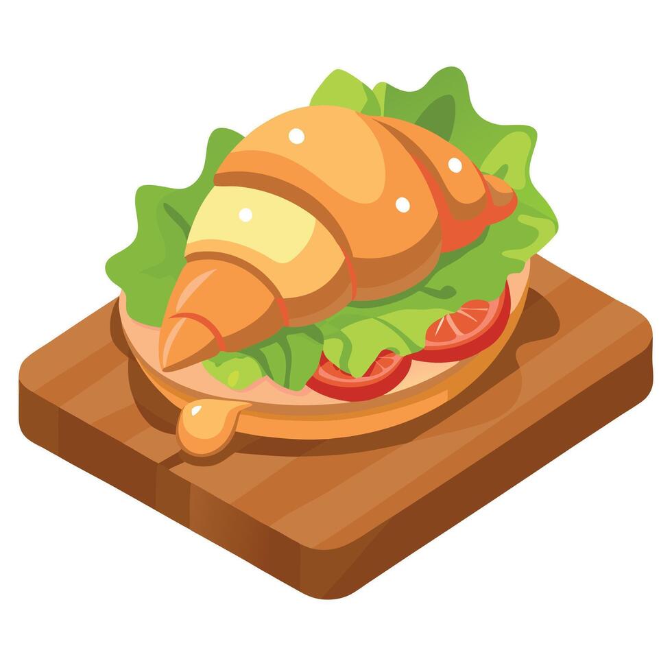 A delicious croissant sandwich with shrimp. bacon. lettuce. and cheese. The sandwich is served on a vector