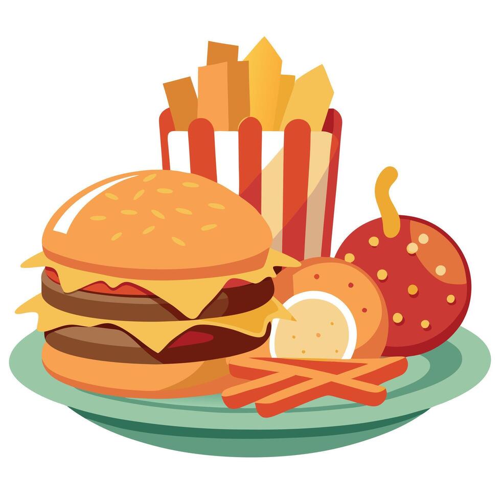 An enticing assortment of greasy goodness. featuring a plate piled high with a juicy bacon cheesebur vector