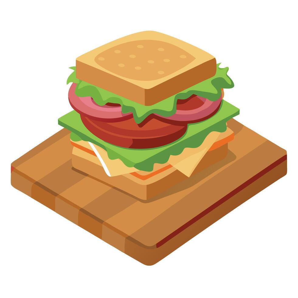 A mouth-watering multi-layered sandwich with bacon. lettuce. tomato. and onion. placed on a wooden c vector