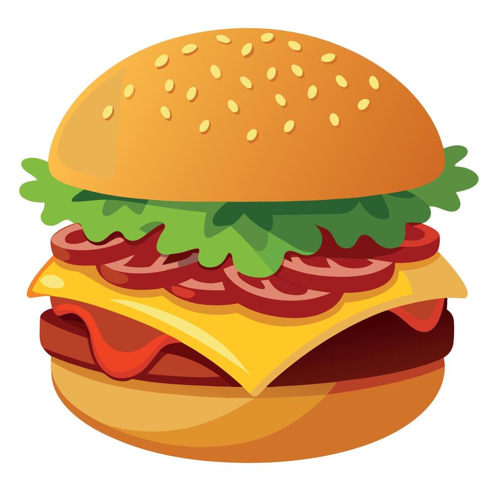 Close-up of a juicy cheeseburger with melted cheese. crispy bacon. and fresh lettuce on a sesame see vector