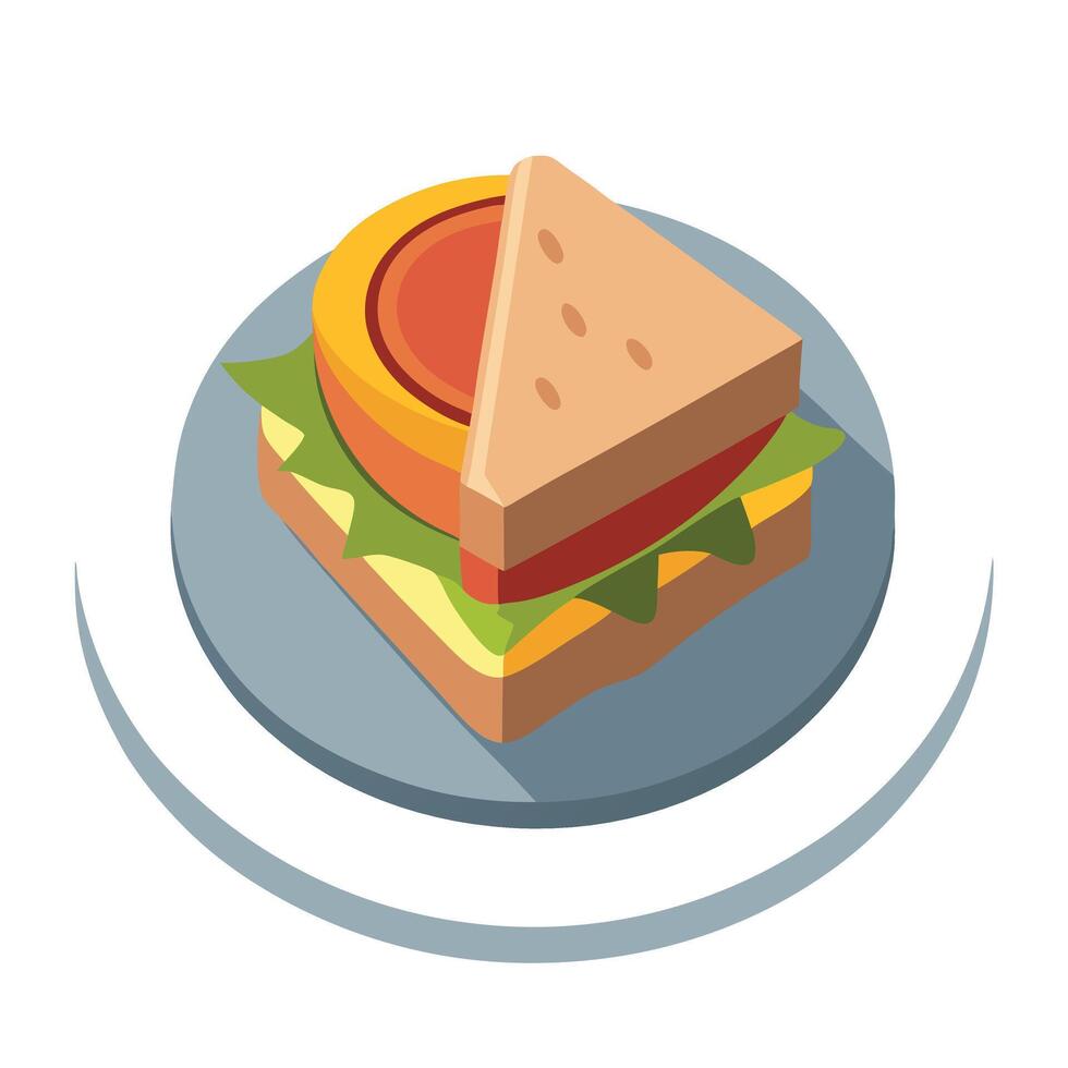 A half-eaten sandwich on a plate. neglected mood. simple style. top-down angle. natural light. shot vector