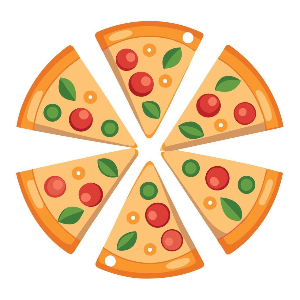 A row of six pizzas with different toppings. The pizzas are arranged in a row and are all cut into s vector