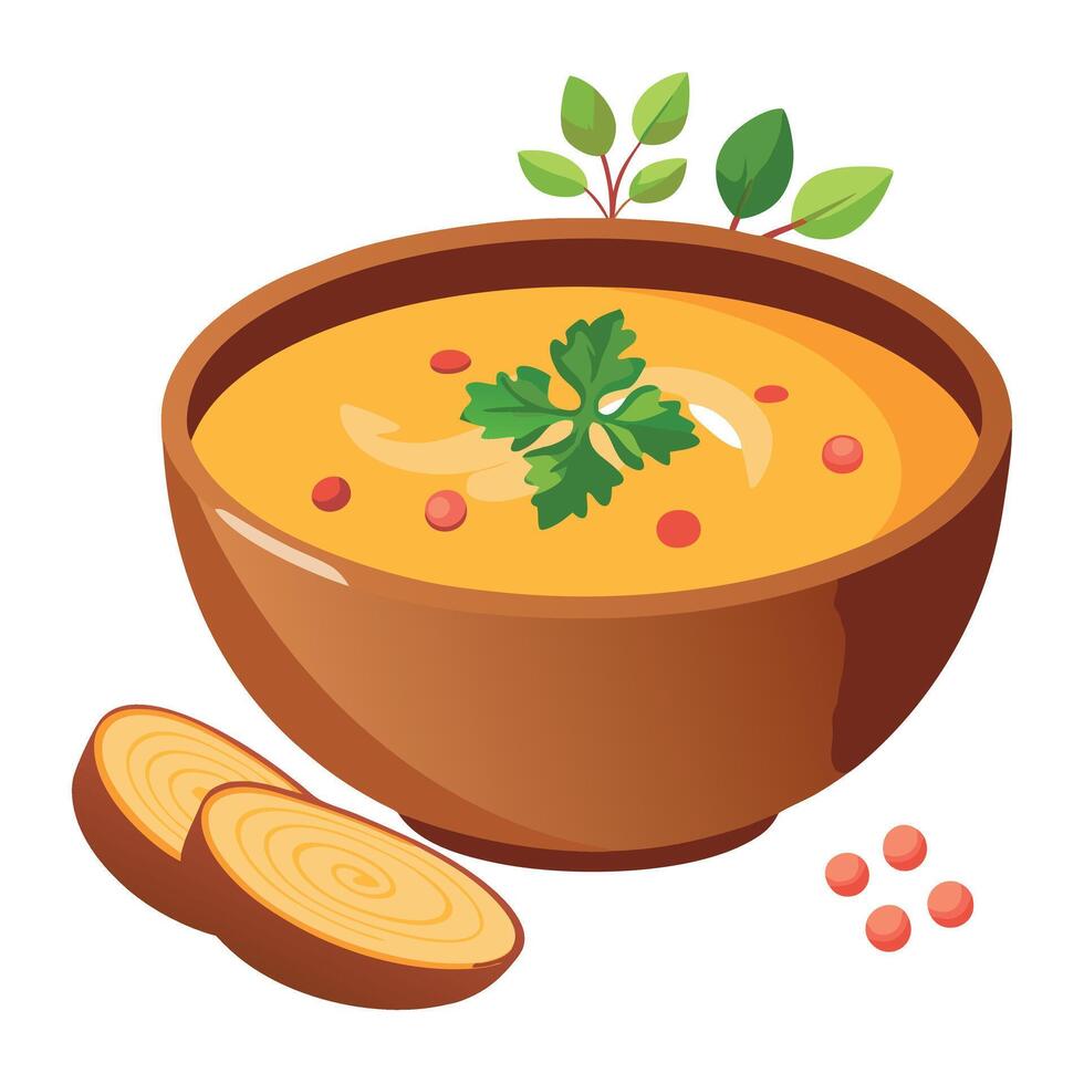 Creamy Pumpkin Soup with Bacon and Parsley in a Wooden Bowl. pumpkin soup. bacon soup. autumn soup. vector