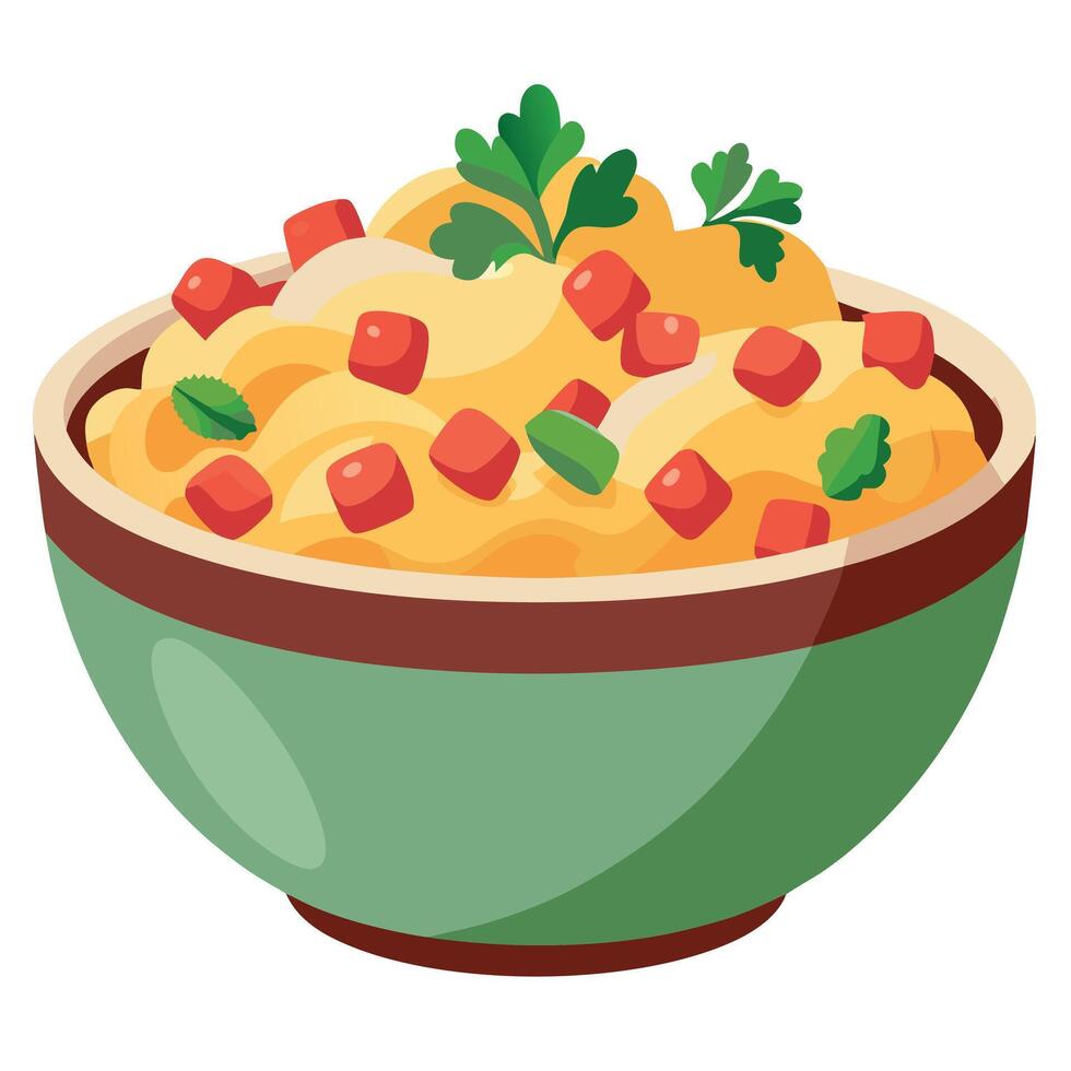 A close-up view of a bowl filled with savory German potato salad. garnished with crispy bacon and fr vector