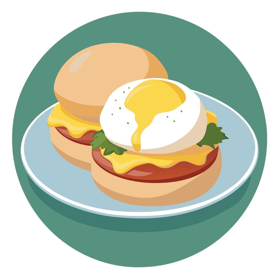 Delicious Eggs Benedict Plate with Poached Eggs. Canadian Bacon. and Hollandaise Sauce on English Mu vector