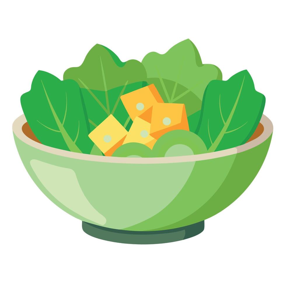 A close-up of a Caesar salad in a bowl. The salad contains romaine lettuce. croutons. and parmesan c vector