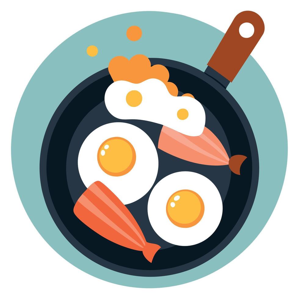 A tight shot of eggs and bacon sizzling in a frying pan against a backdrop of additional eggs on a t vector