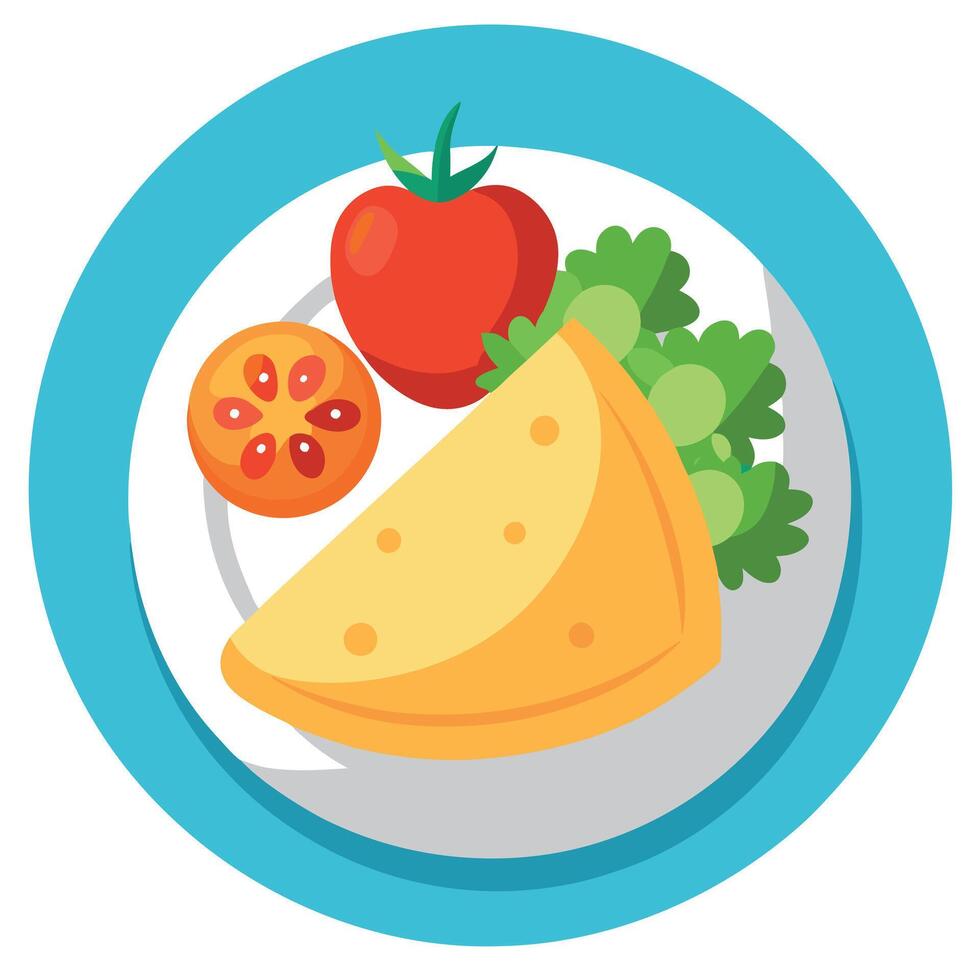 A plate of food with a large omelet and a side of vegetables. The vegetables include tomatoes and pa vector