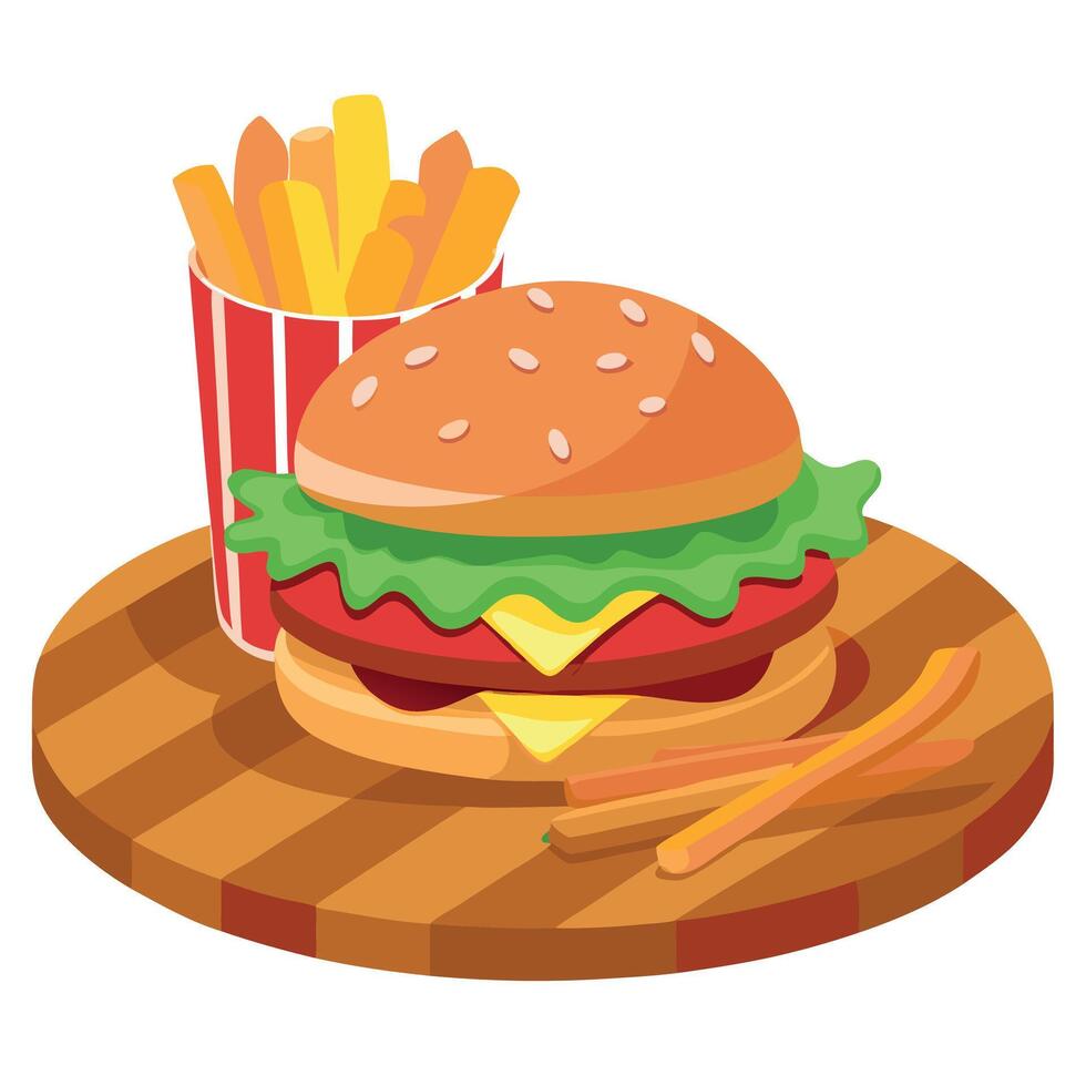 Cheeseburger with crispy bacon. lettuce. and melted cheese served with a side of fries on a wooden p vector