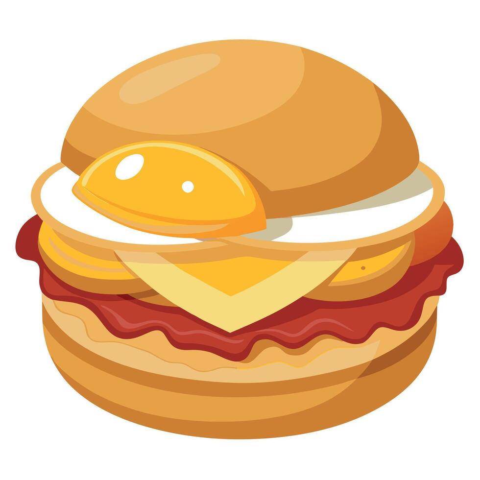 Close-up of a delicious breakfast sandwich with fried egg. bacon. and cheese on a toasted English mu vector