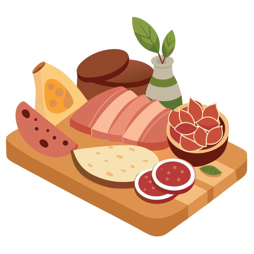 A platter of assorted cured meats and olives with crusty bread on a wooden board. Rustic charcuterie vector
