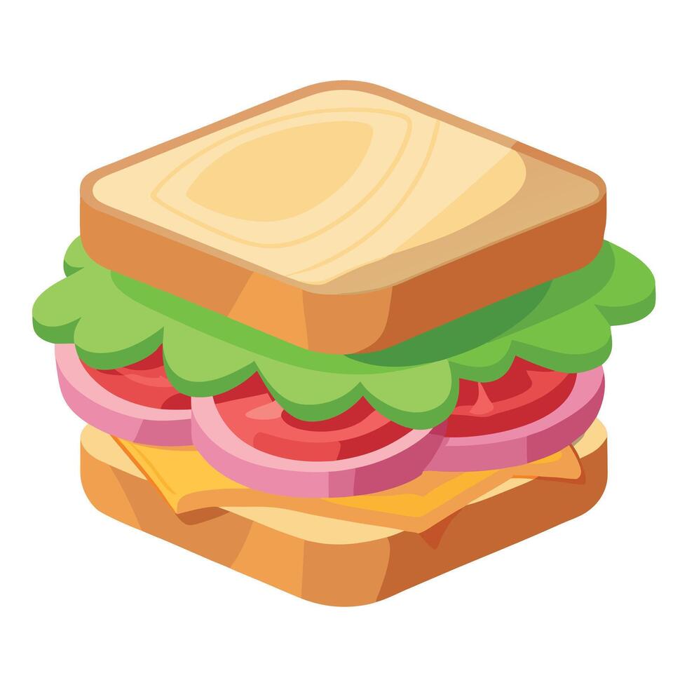 Delicious sandwich with layers of fresh vegetables. ham. and creamy spread. served on grilled bread vector