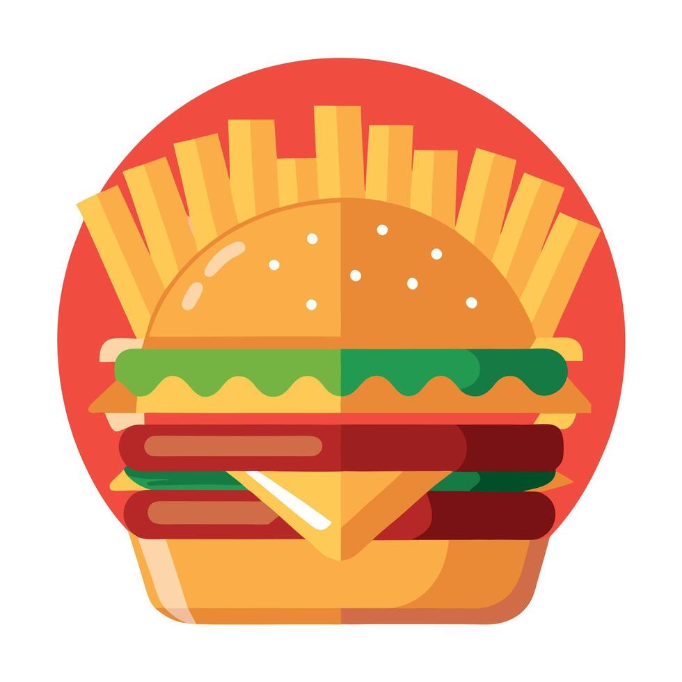 Close up of tasty burger with french fries on background. Burger with meat. cooking a burger at home vector