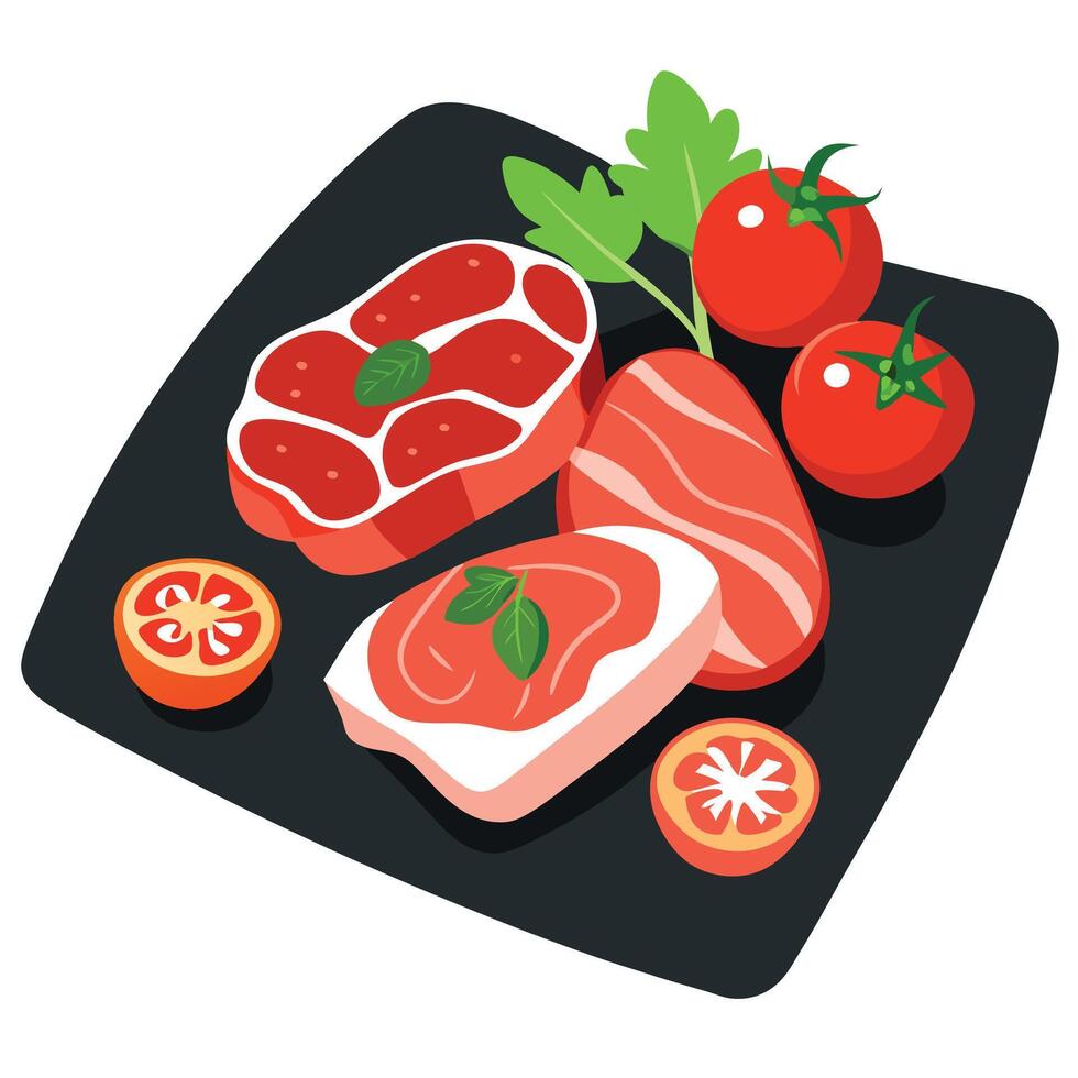 Fresh raw beef meat slices. bacon and vegetables like tomatoes. parsley and pepper laying on a black vector