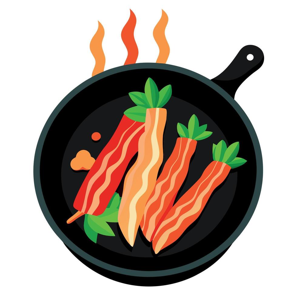Crispy Bacon Strips on a Black Skillet with Fresh Herbs and Steam Rising - Delicious Breakfast Food vector