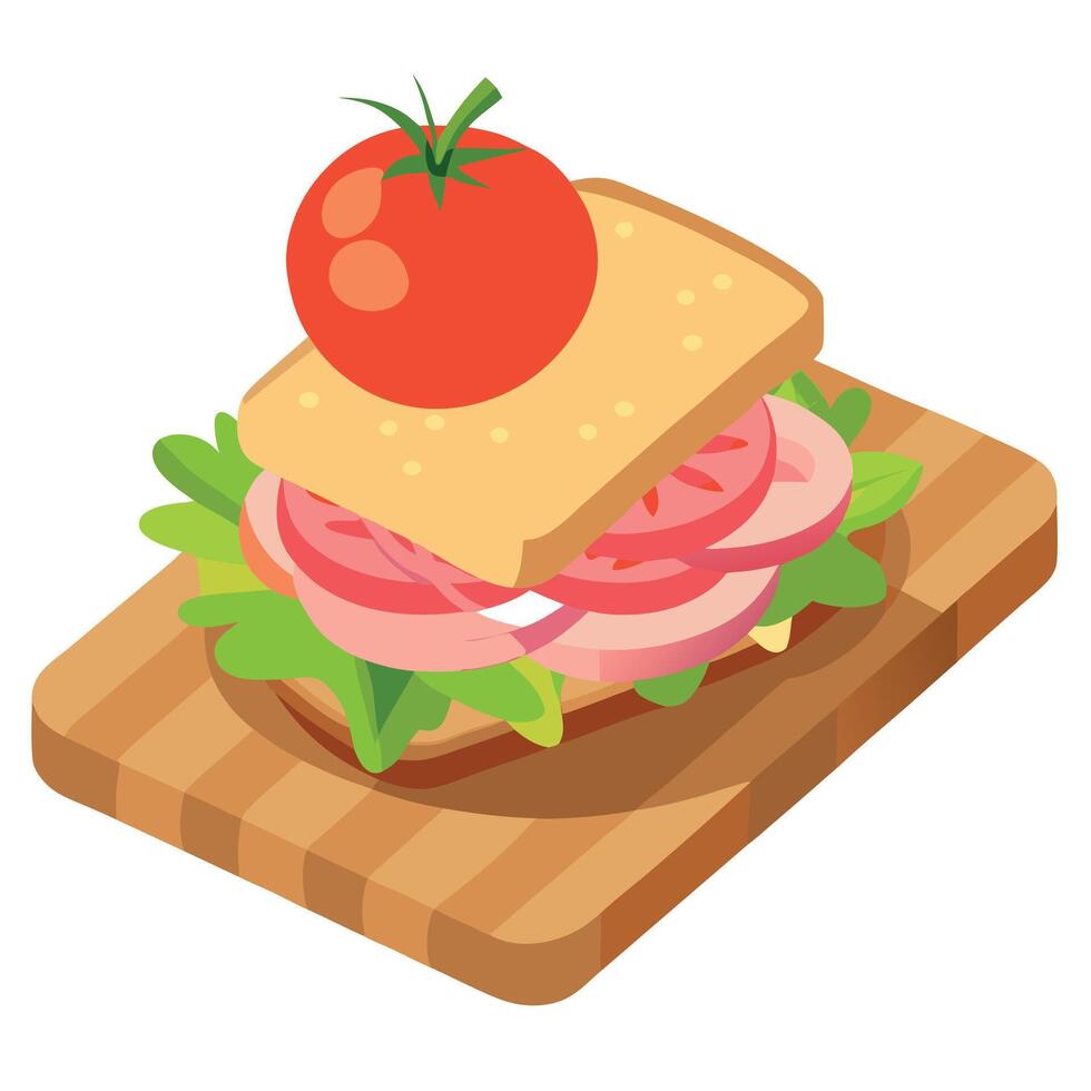 Close-up of a ham and veggie sandwich with fresh lettuce. tomatoes. and onions. served with an apple vector