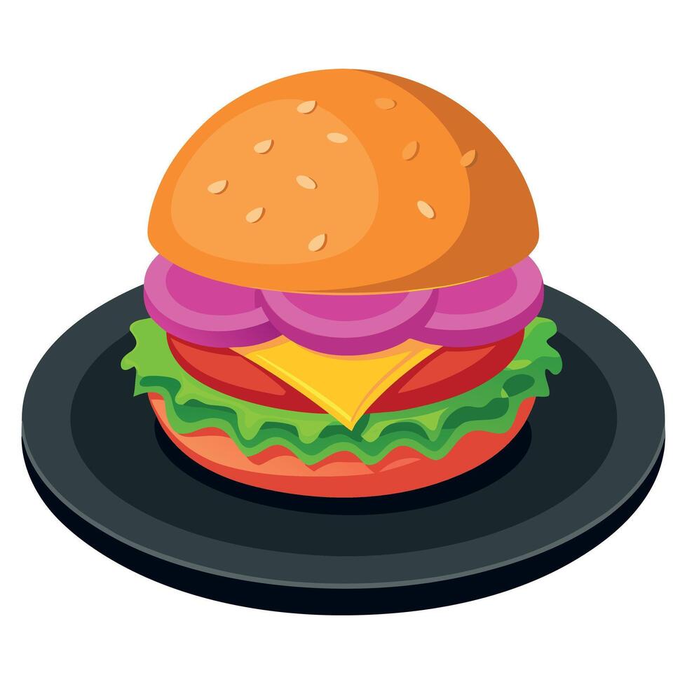 Close-up of a Juicy Cheeseburger with Red Onion and Lettuce on a Black Plate. burger . cheeseburger vector