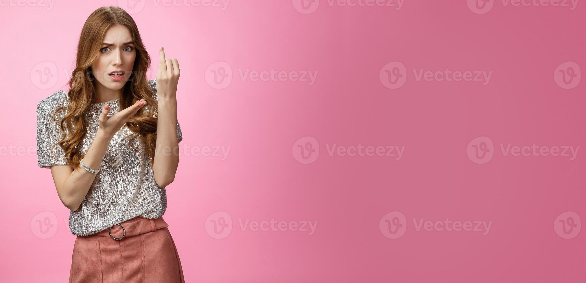 Glamour pissed girlfriend arguing boyfriend questioned bothered when wedding showing ring finger frustrated upset man commitment issues, wanna marry, ask when become bride, standing pink background photo