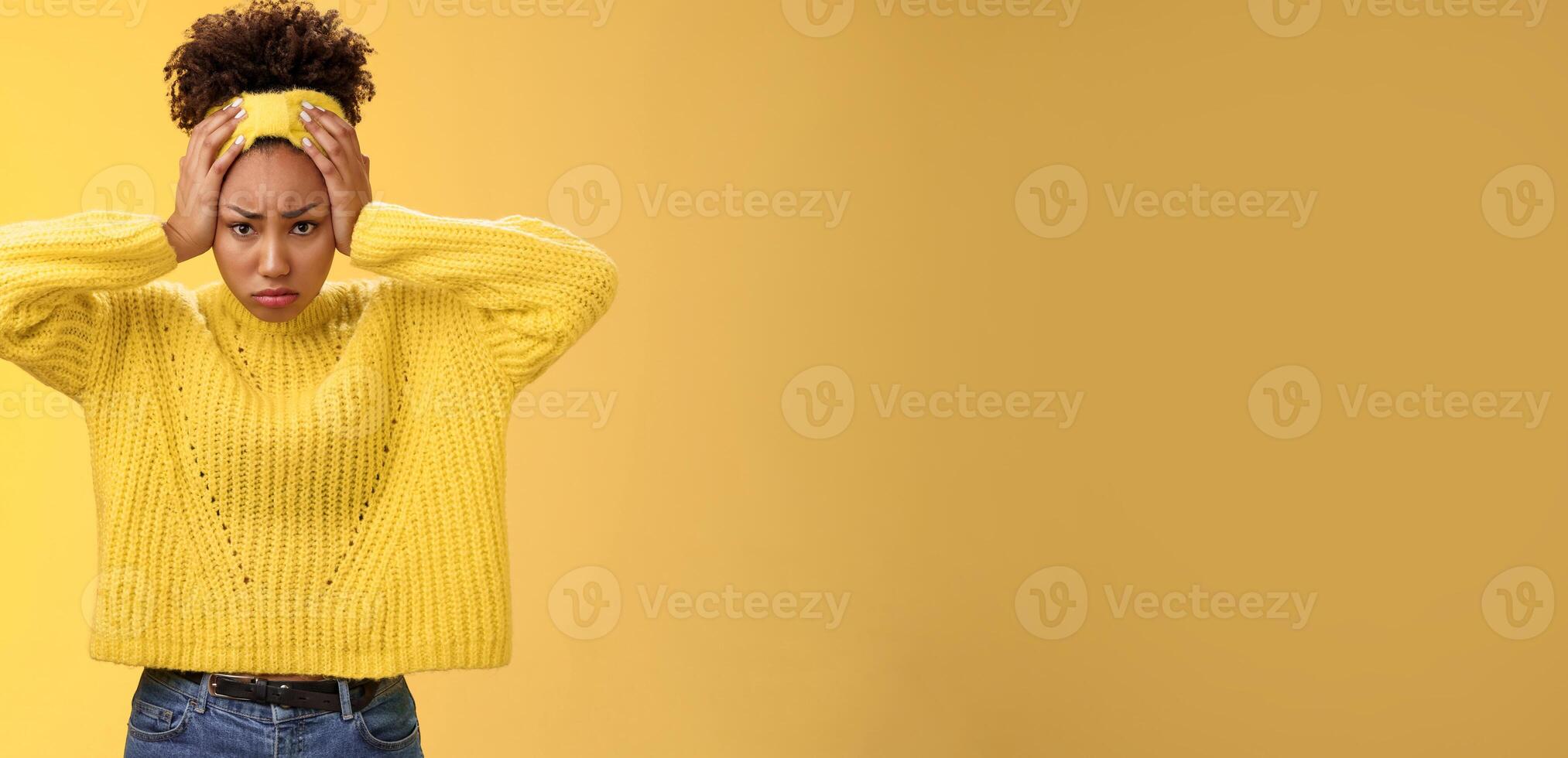 Troubled gloomy perplexed pressured attractive cute african-american girl bothered cannot hold stress touching head blow problems sulking frowning concerned face unsolvable bad situation photo