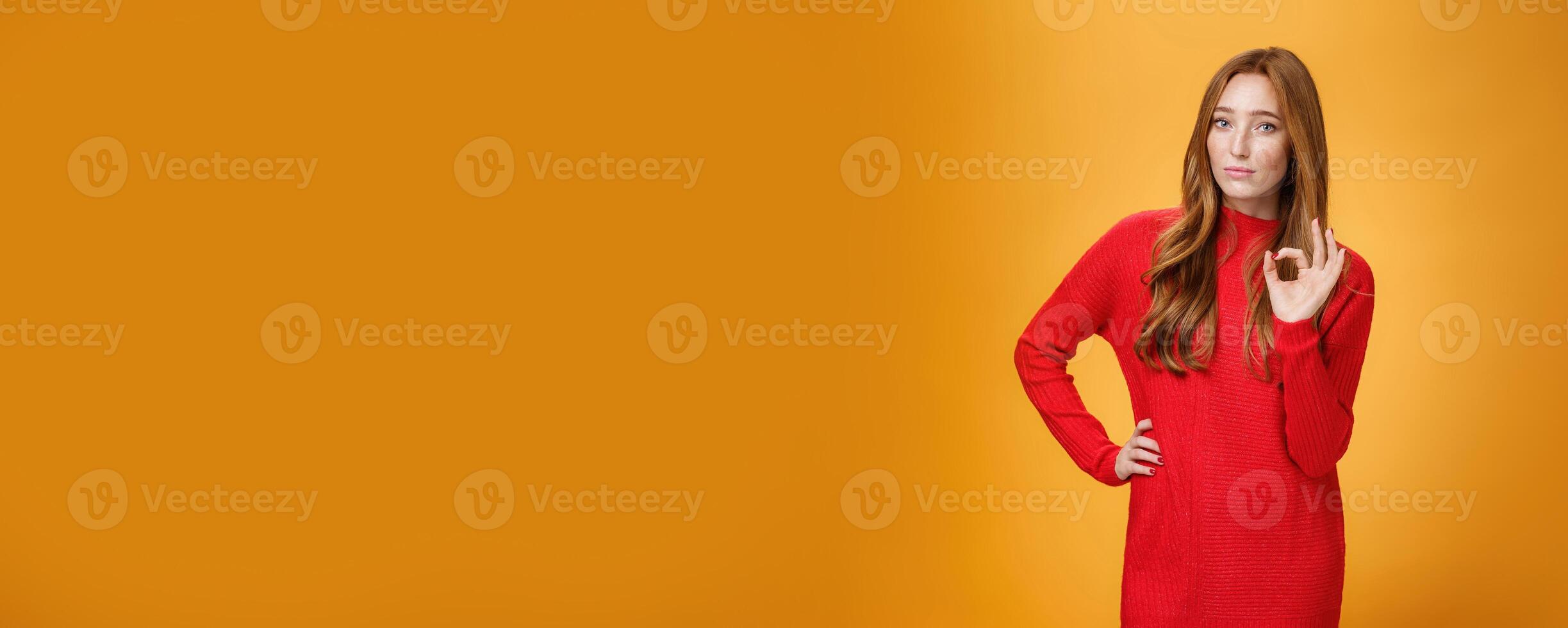 Ok I got it. Portrait of confident and bossy female entrepreneur with ginger hair showing okay gesture giving positive reply, confirming something, satisfied with excellent and perfect effort photo