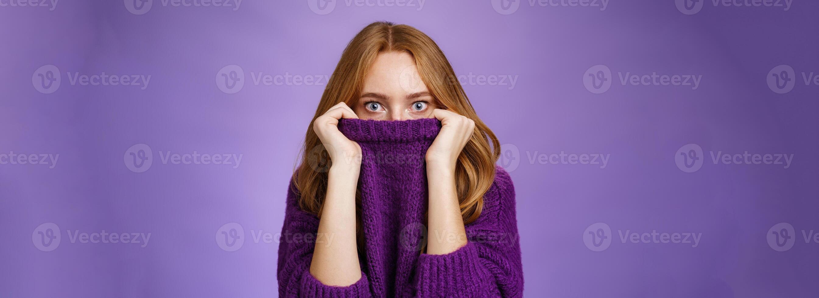 Redhead girl scared winter is comming hiding in collar of warm sweater popping eyes shocked and stunned at camera as if frightened and insecure standing terrified over violet background photo