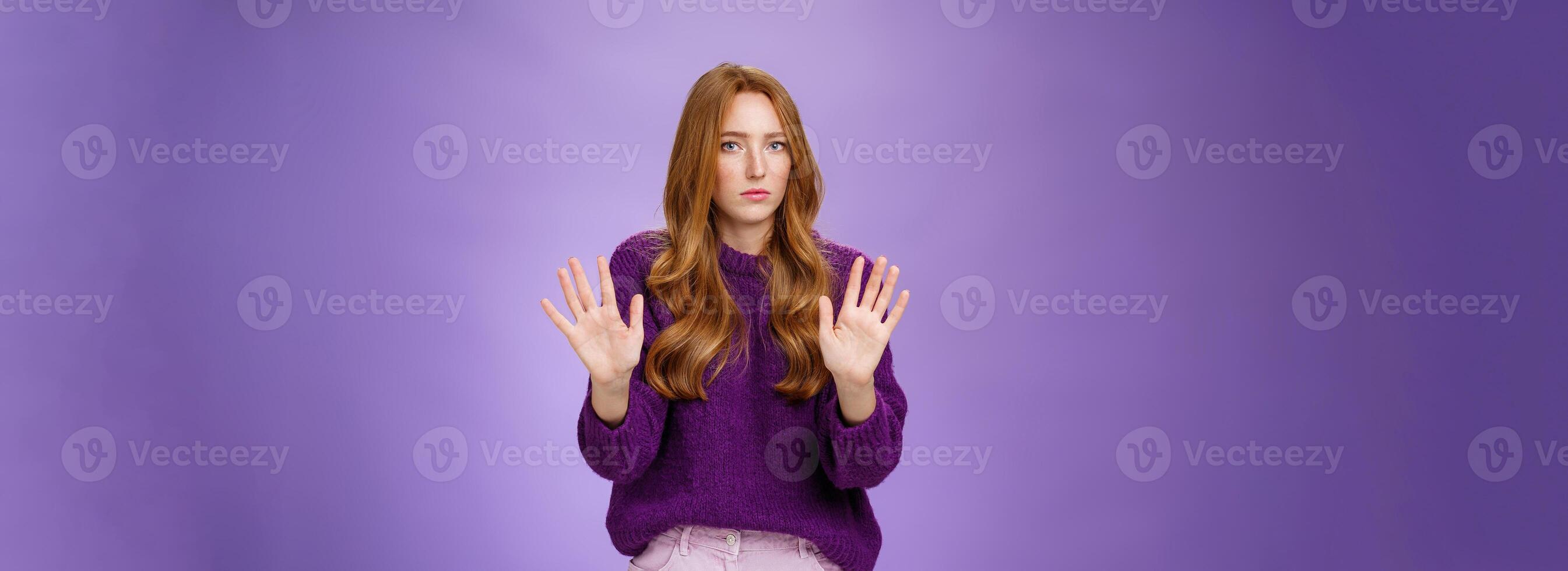 I pass, not even look at me. Portrait of displeased sorrow and intense redhead woman refusing participate in suspicious plan waving hands near chest in rejection looking serious at camera photo