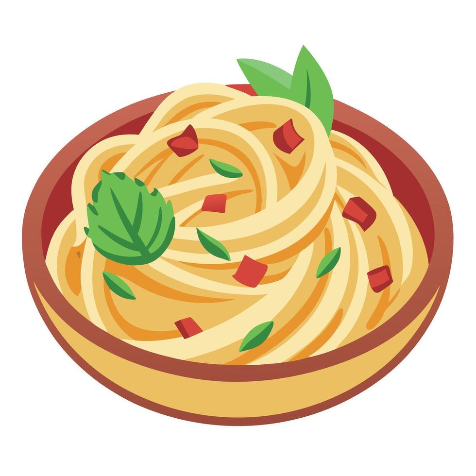 Close-up of a delicious fettuccine pasta dish garnished with bacon. parmesan cheese. and fresh herbs vector