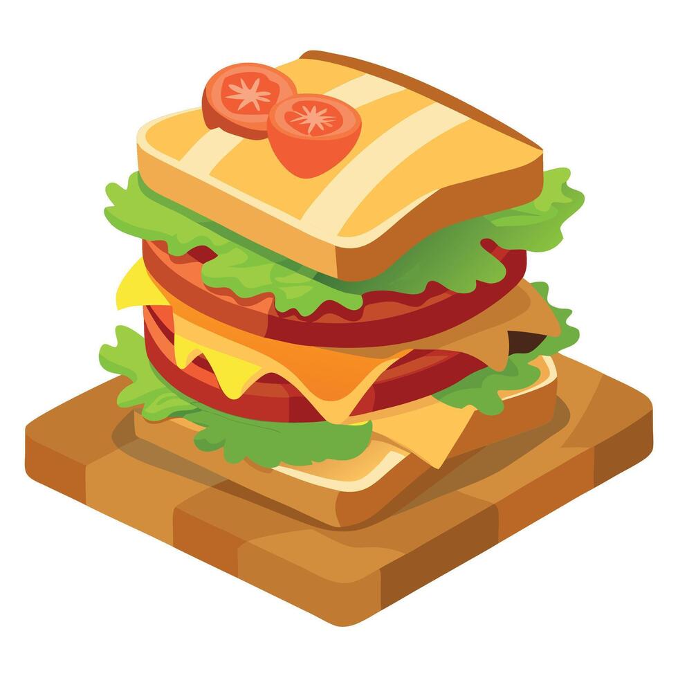 A delicious. stacked sandwich with bacon. cheese. and fresh greens. served with a drizzle of ketchup vector