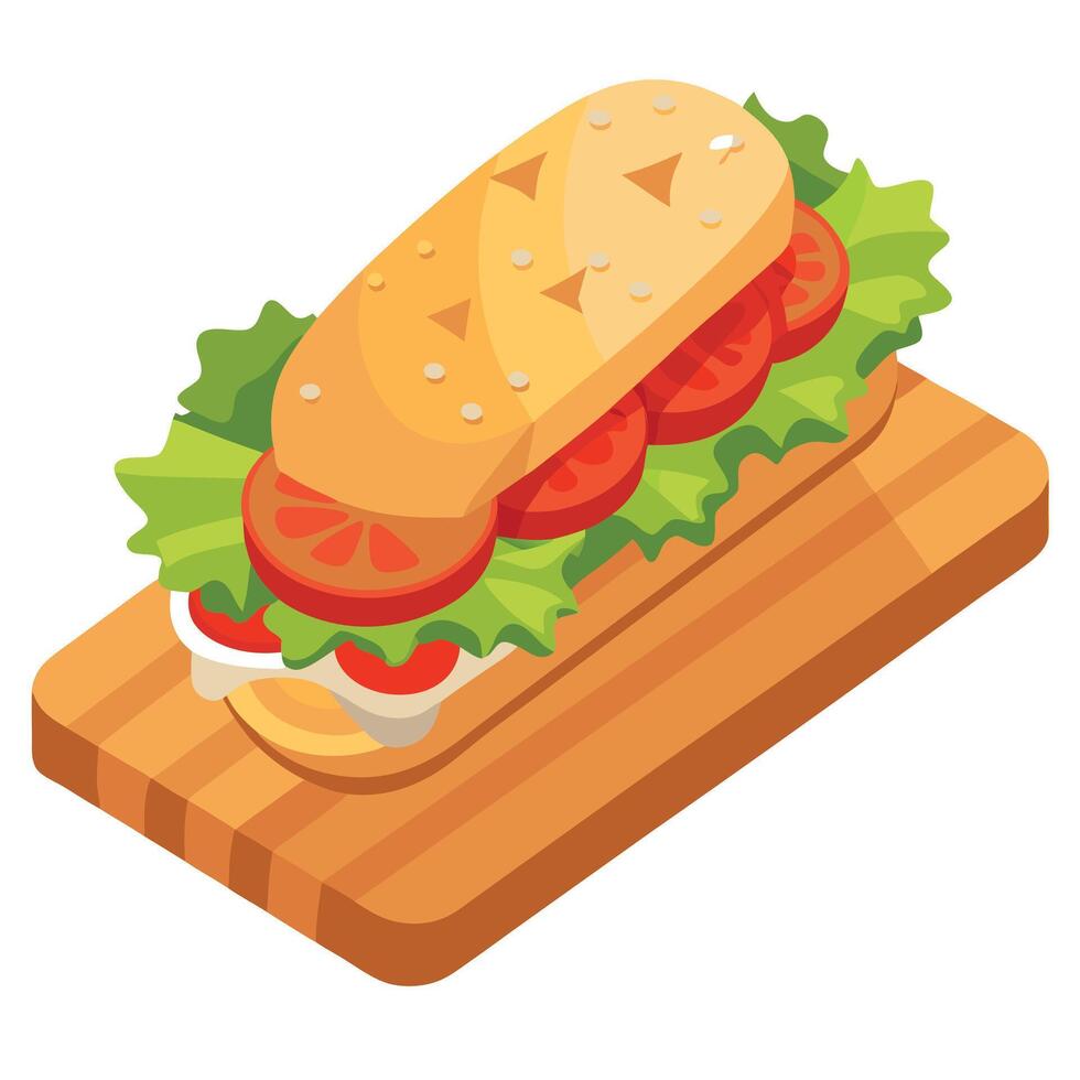 Crispy Chicken Sub with Tomatoes. Lettuce. and Cheese on a Wooden Board. sandwich. food photography. vector